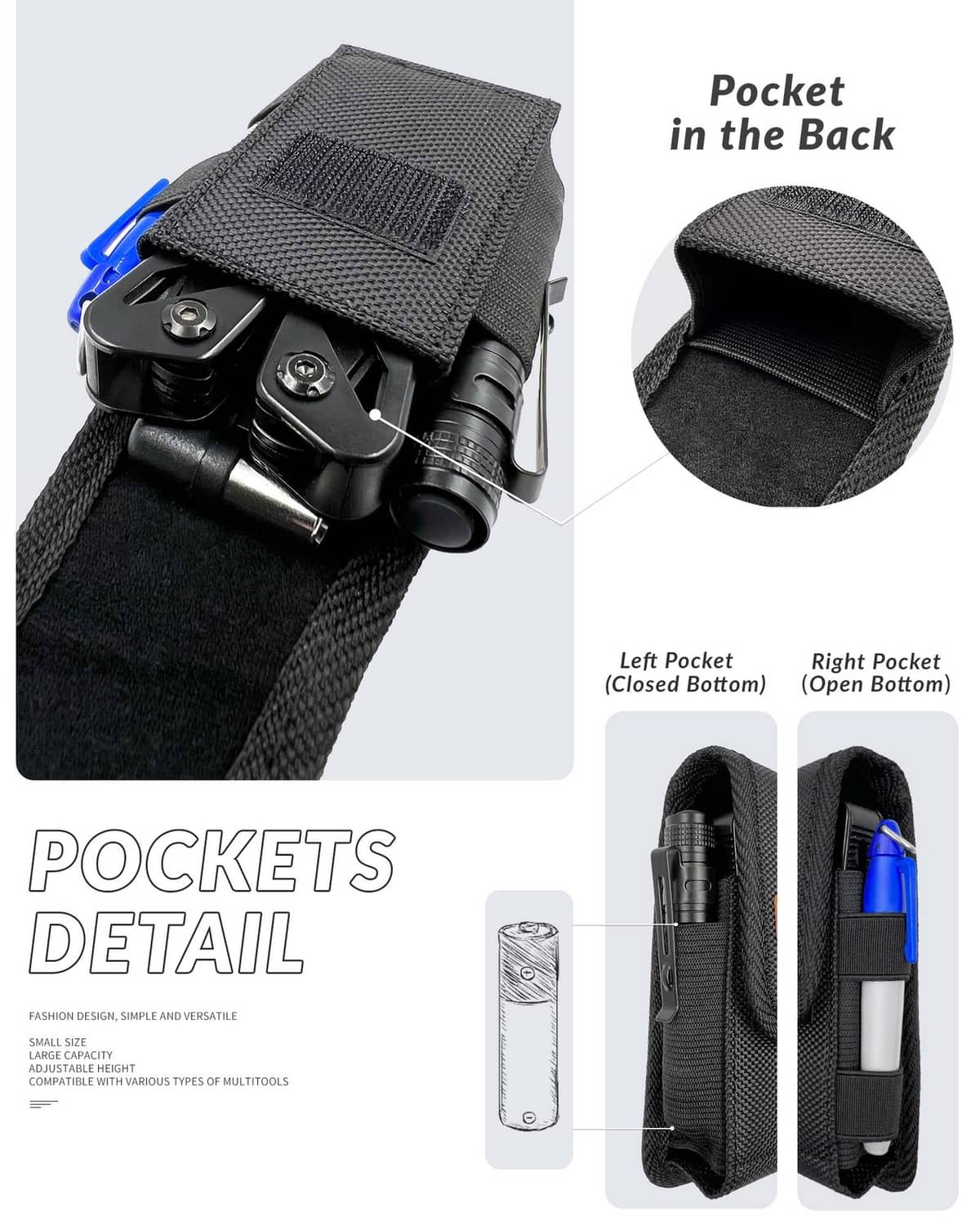 Black multitool sheath with two tool pockets and orange label, blue clips visible
