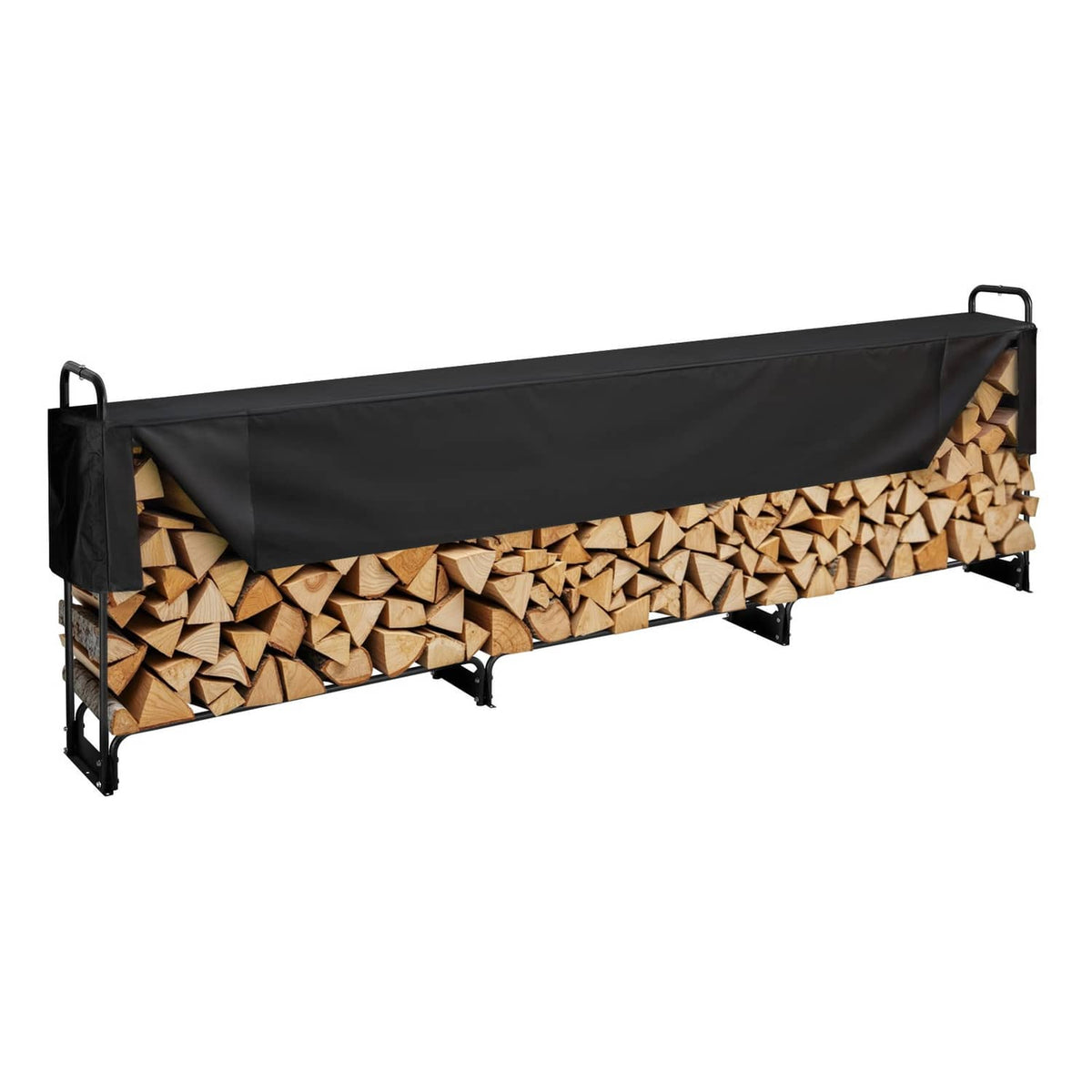 Outdoor firewood rack with black cover, filled with stacked split firewood