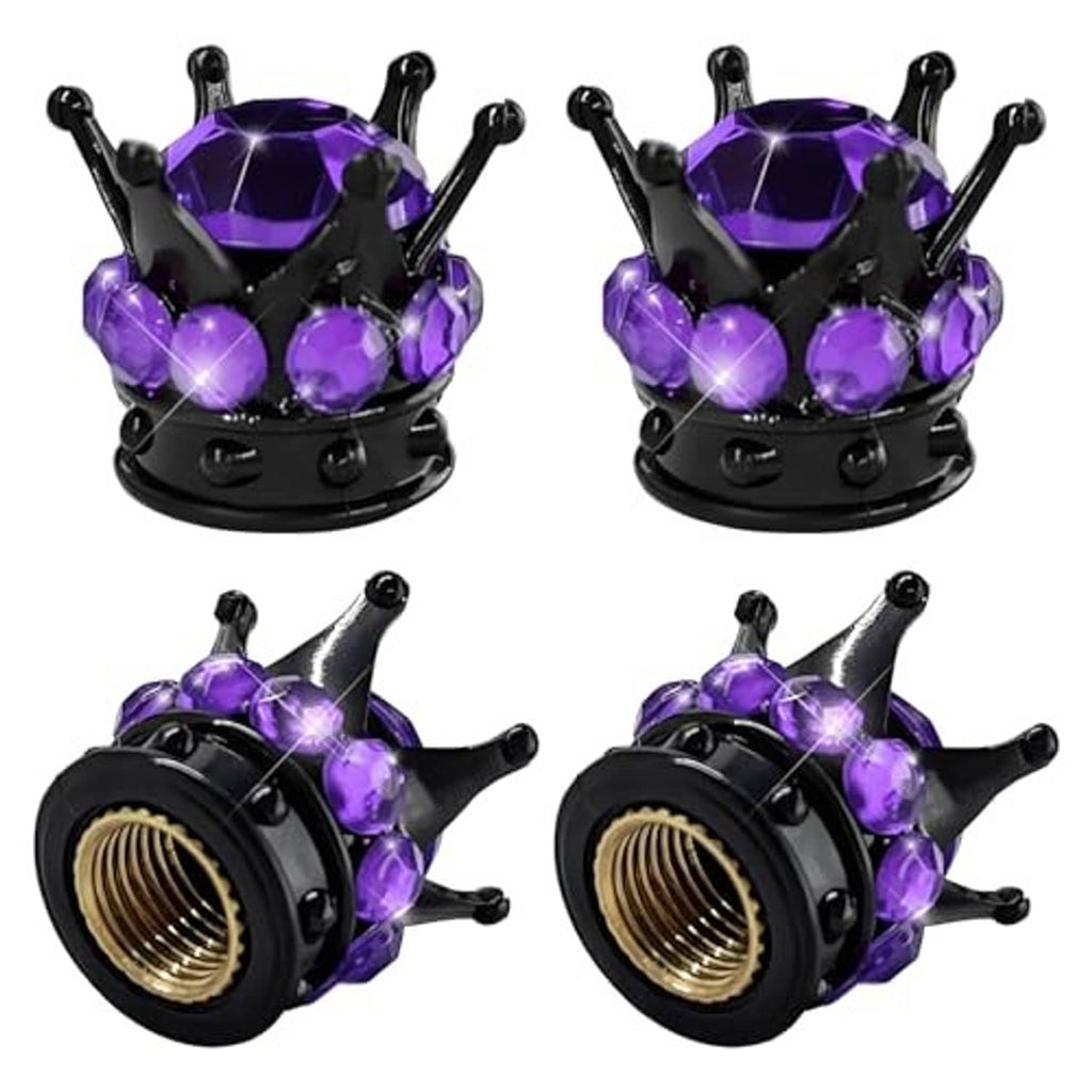 Black tire valve stem caps with purple jeweled crown, multiple angles, decorative 4-pack