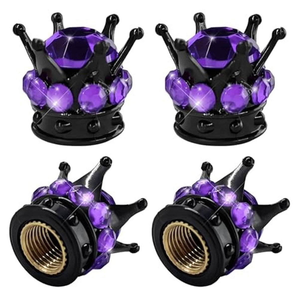 Black tire valve stem caps with purple jeweled crown, multiple angles, decorative 4-pack