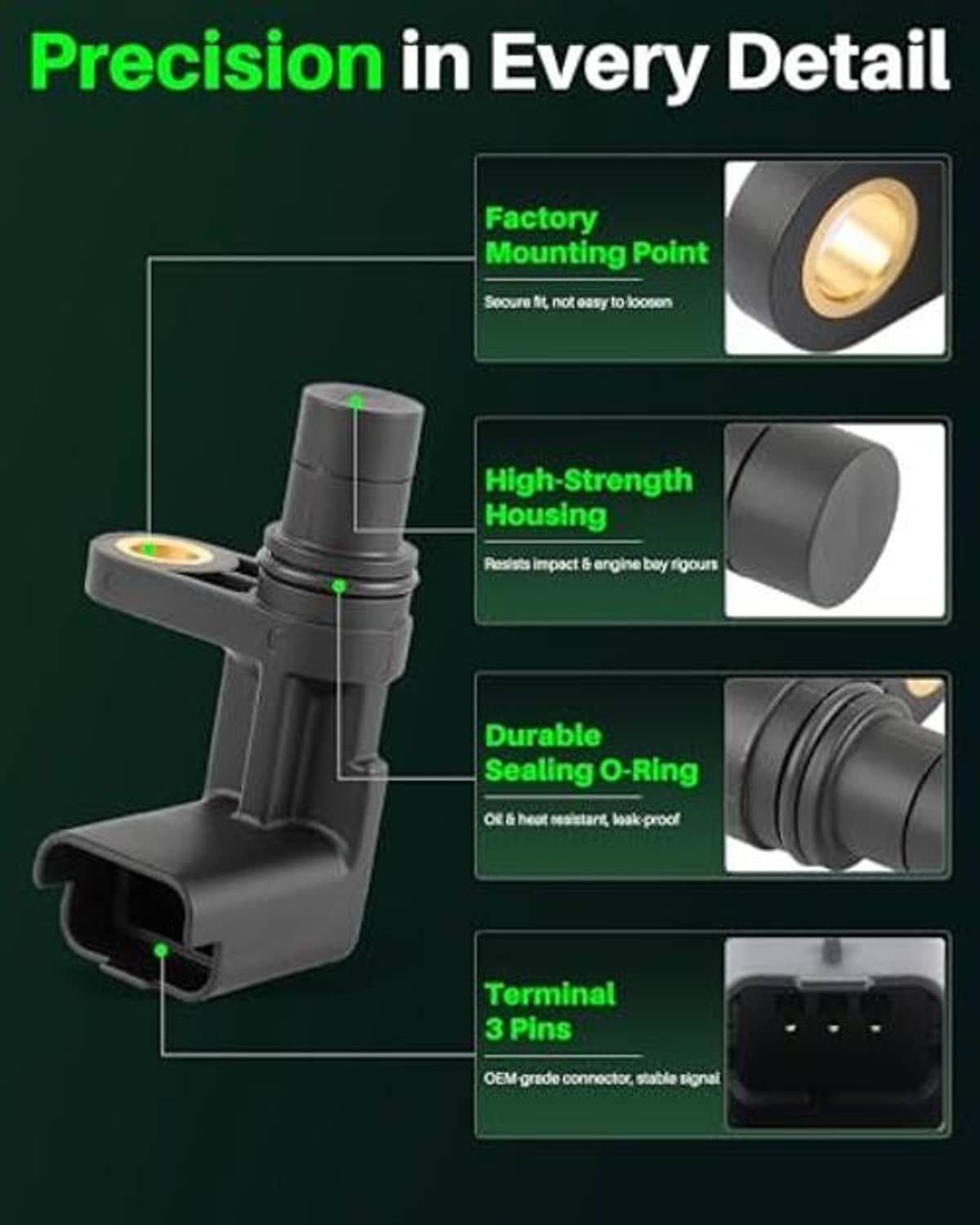 Camshaft position sensor with callouts showing mounting point, housing, seal ring