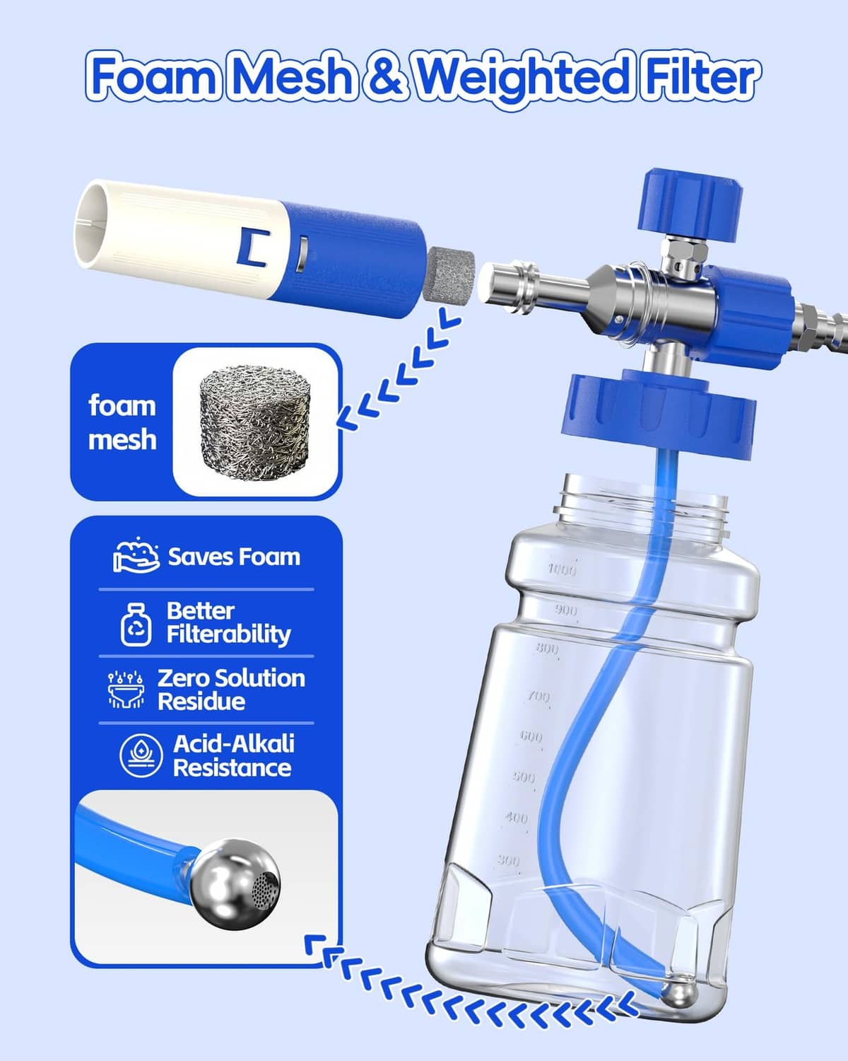 Blue and clear foam cannon with foam mesh filter and weighted inlet strainer