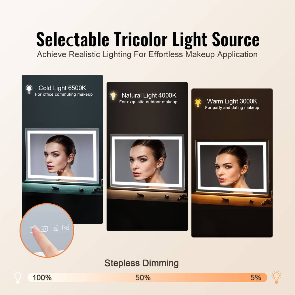 Square LED vanity mirror showing selectable tricolor light appearance on display