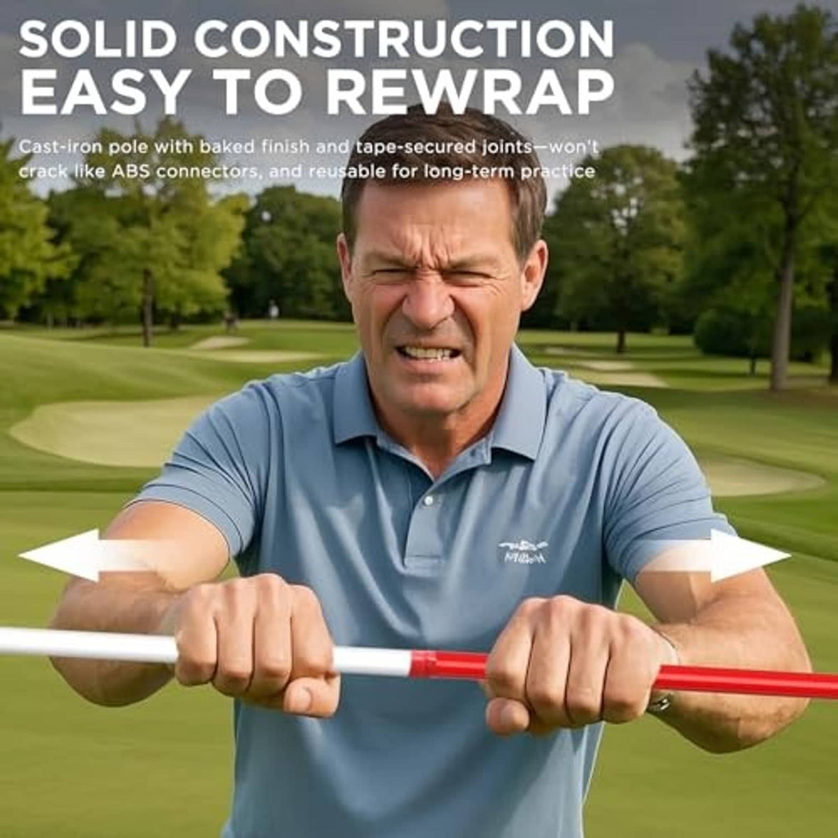 Golf flagstick pole sections with red connectors, held in hand on a green