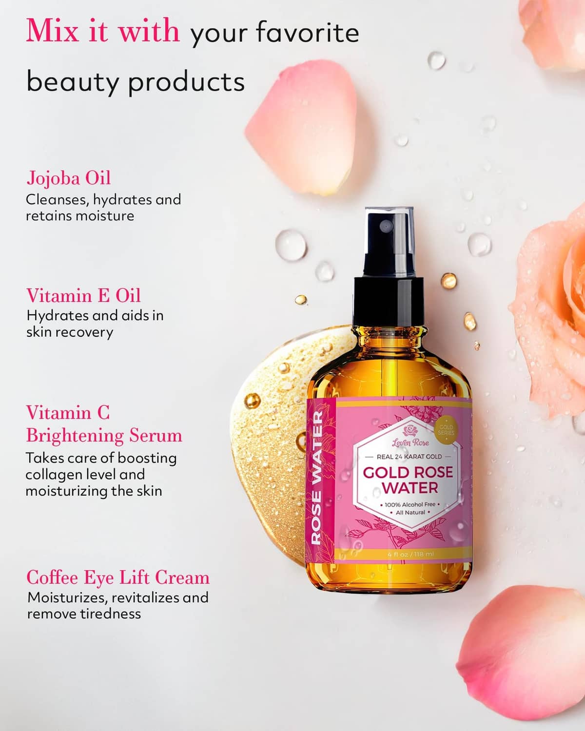 Gold rose water toner bottle with pink label, shown with cosmetic ingredients around it