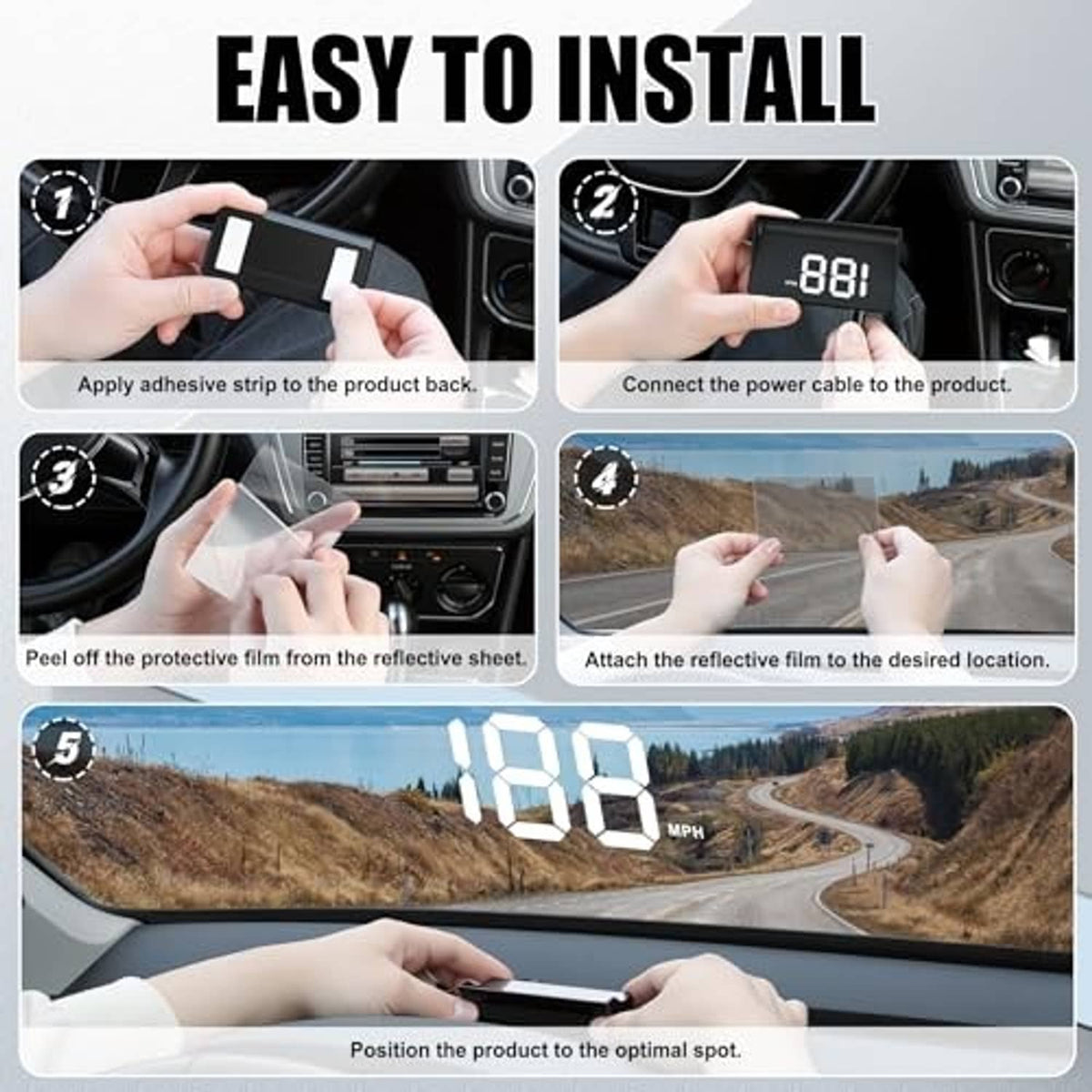 Car head-up display installation kit with adhesive mounting film and USB power cable