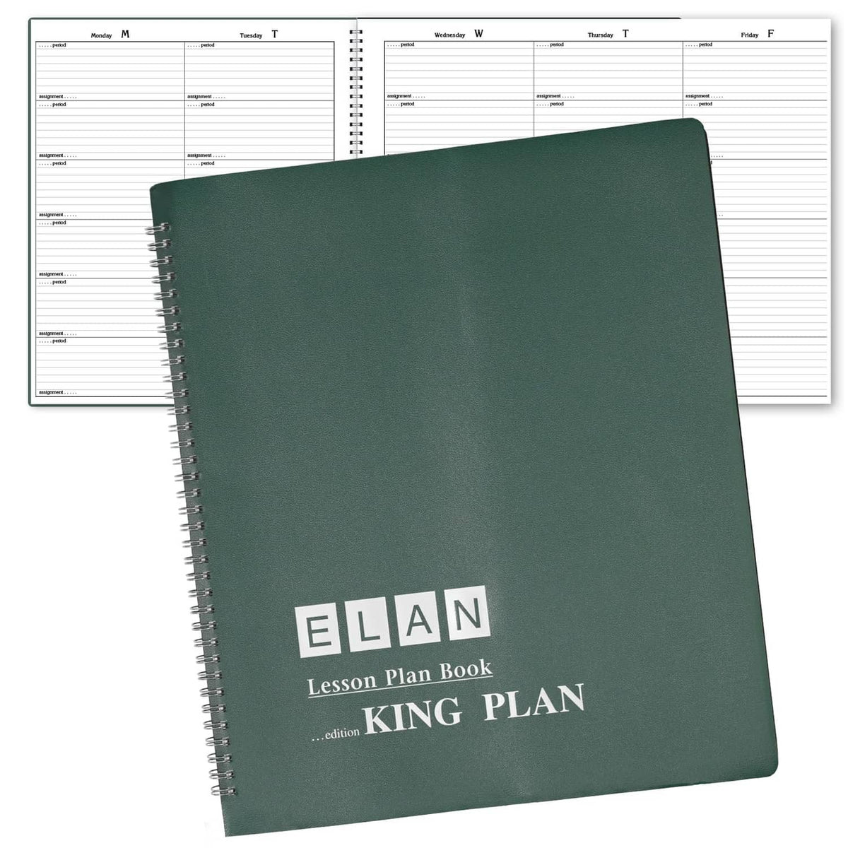Dark green lesson plan book with KING PLAN title and spiral wire-o binding.