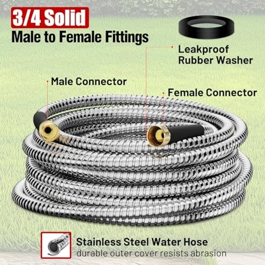 Stainless steel water hose coil with brass ends and male-to-female fittings