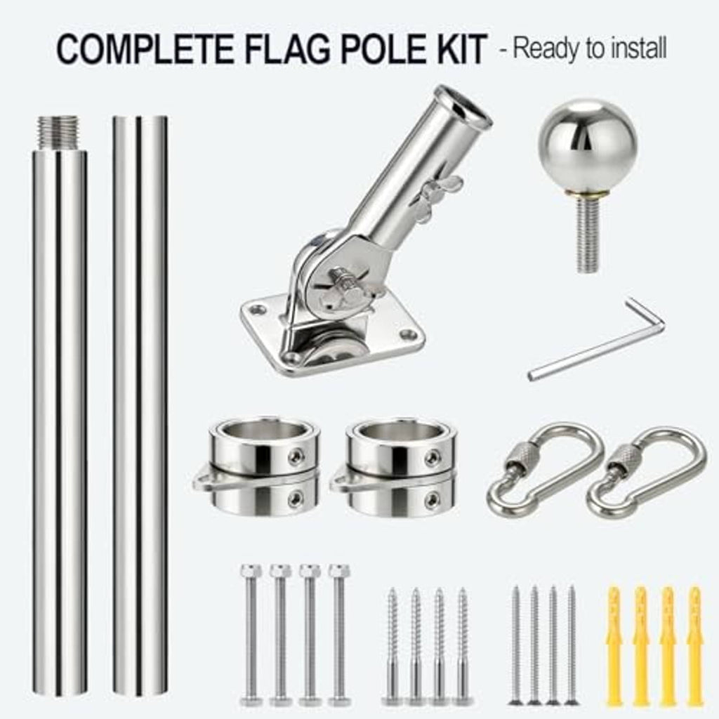 Complete stainless flagpole kit: poles, deck mount, finial, rings, hooks and screws
