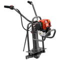 Gas-powered concrete screed machine with orange engine and steel handle frame