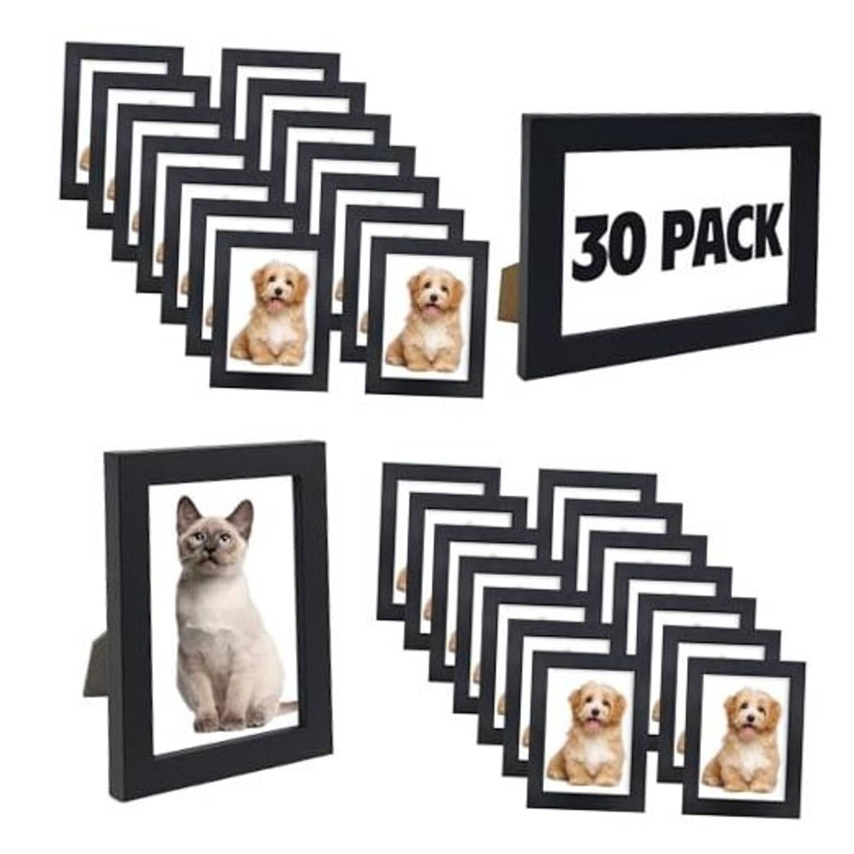 30-pack of 4x6 picture frames, dark borders shown with pet photos
