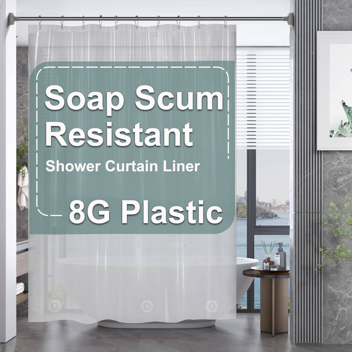Clear shower curtain liner with evenly spaced top grommets and reinforced bottom