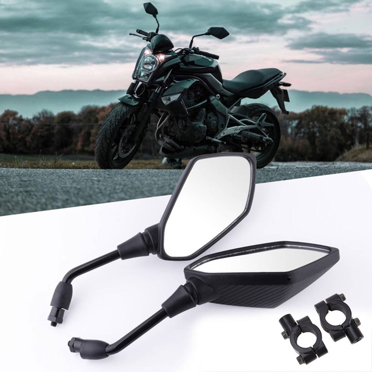 Black motorcycle rearview side mirror with rectangular convex lens and mounting hardware