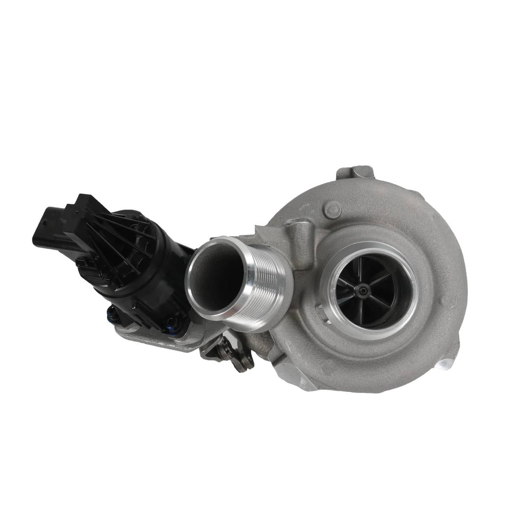 Turbocharger with intake flange and compressor housing, angled view