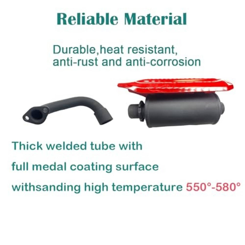 Go-kart exhaust muffler kit components: black pipe section and muffler with red heat shield