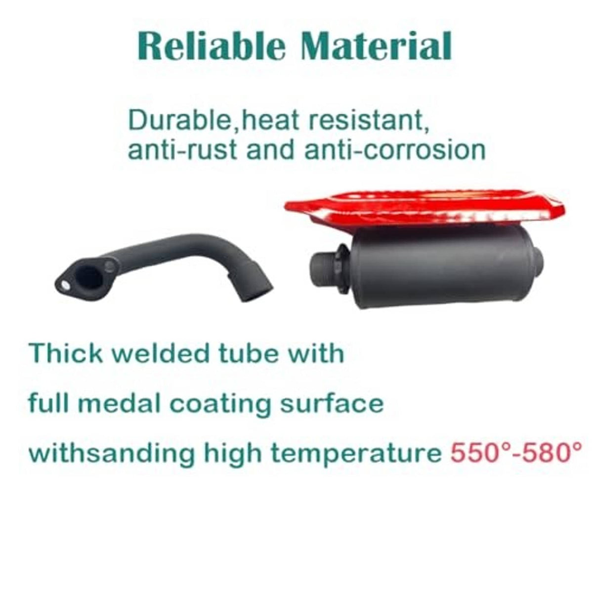 Go-kart exhaust muffler kit components: black pipe section and muffler with red heat shield