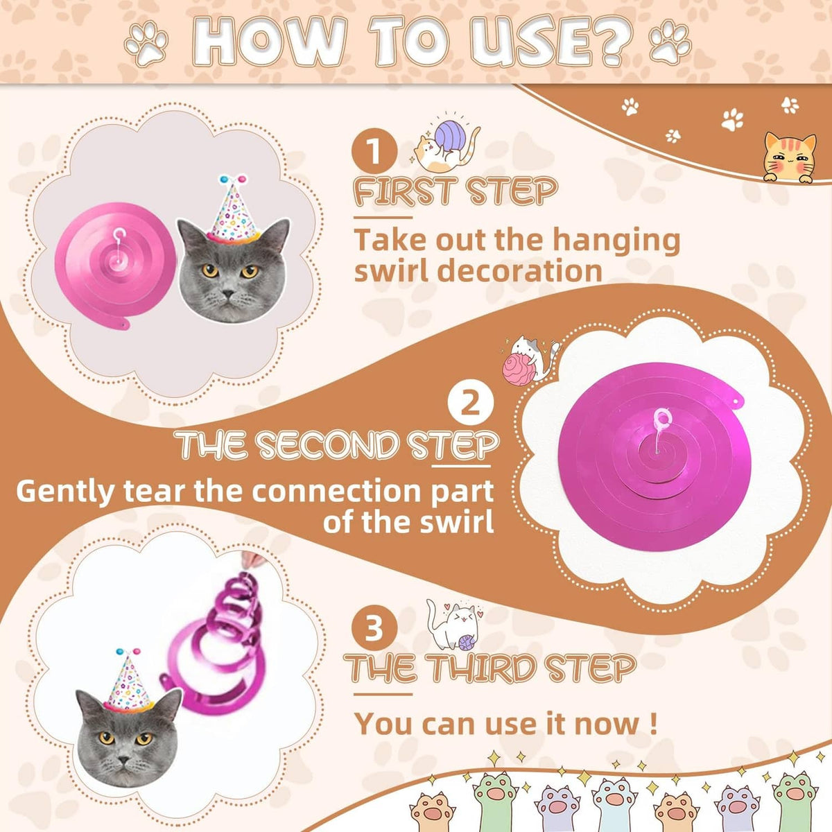 Cat hanging swirl birthday decorations with step-by-step use instructions