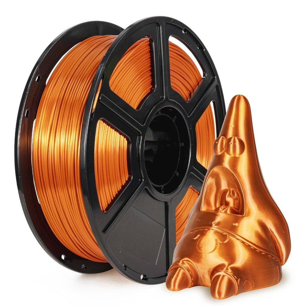 Copper silk PLA filament spool with loose strand and coiled filament sculpture