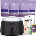 Black hard wax warmer with lavender wax beans, manual, bottles, and wooden applicator sticks