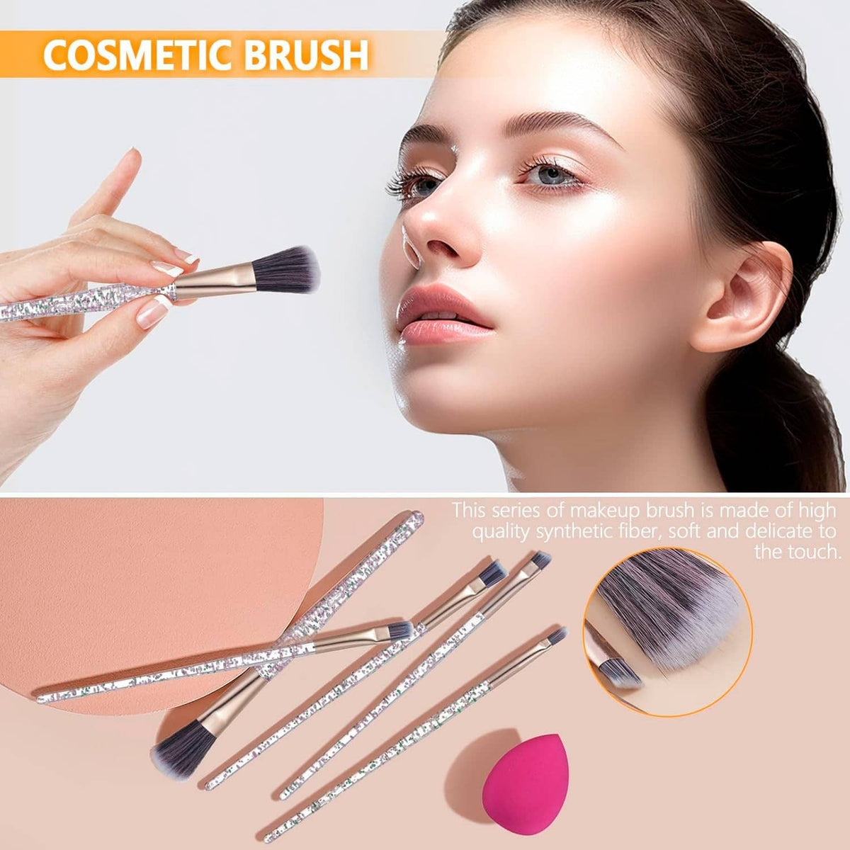 Cosmetic brush set with glitter handles and a makeup sponge and lip color applicator