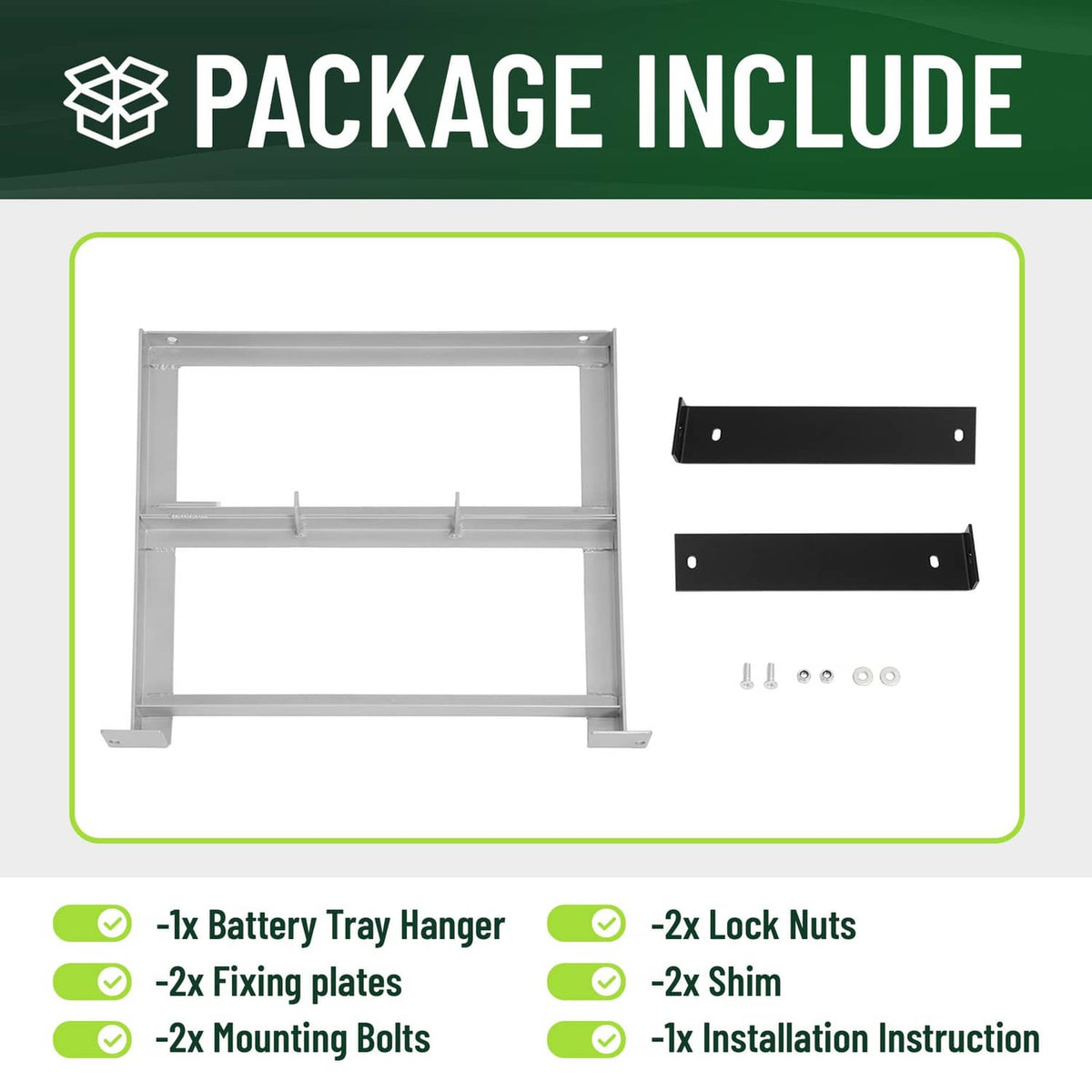 Battery tray package contents: aluminum frame, fixing plates, lock nuts, bolts