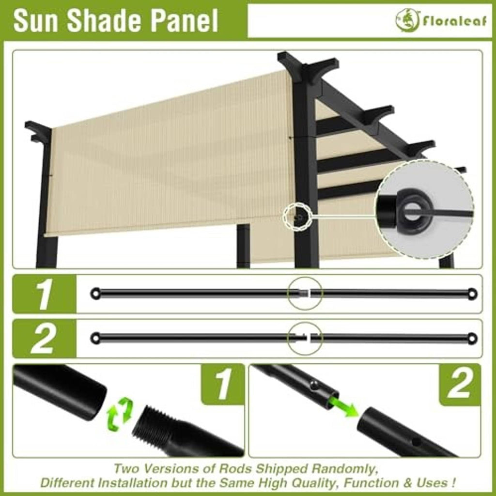 Beige pergola shade panel installation rod and mounting parts diagram