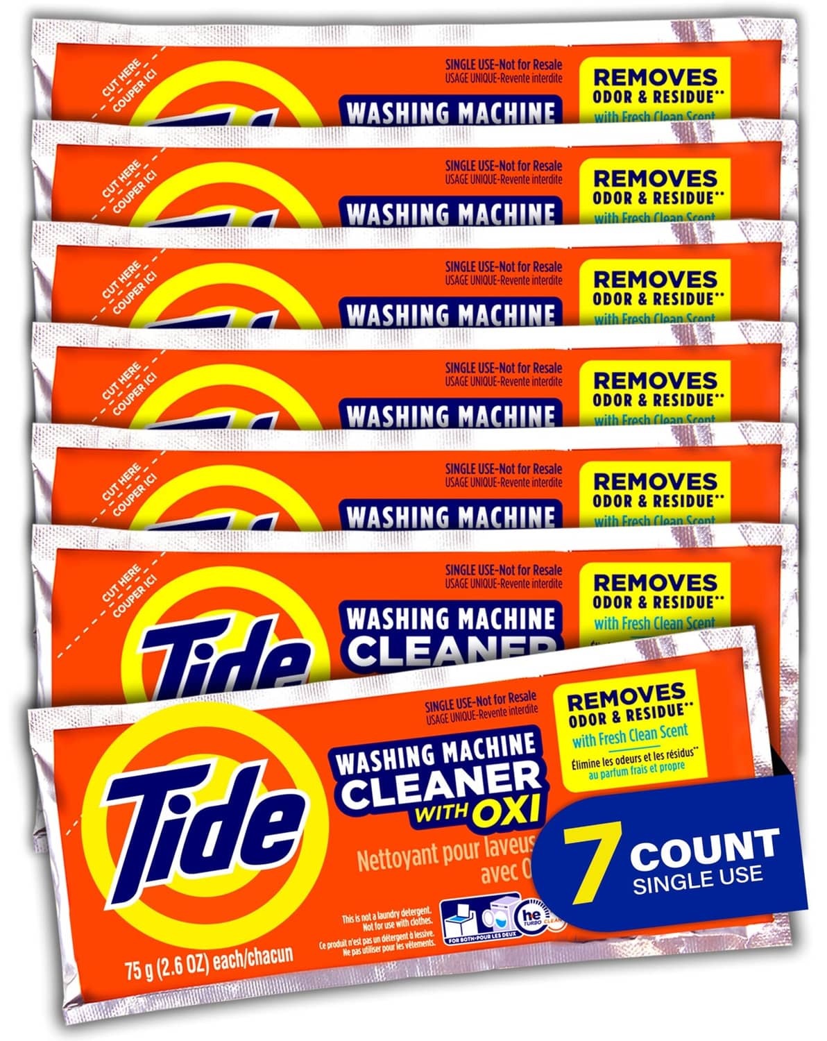 Tide washing machine cleaner boxes, orange-and-blue pack of 7 single-use pouches