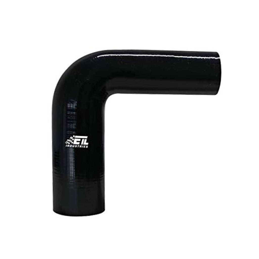 Black 90° silicone reducer hose elbow, L-shaped profile with branding