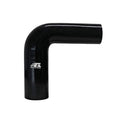 Black 90° silicone reducer hose elbow, L-shaped profile with branding