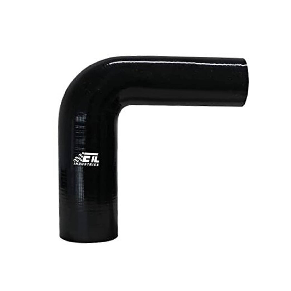 Black 90° silicone reducer hose elbow, L-shaped profile with branding