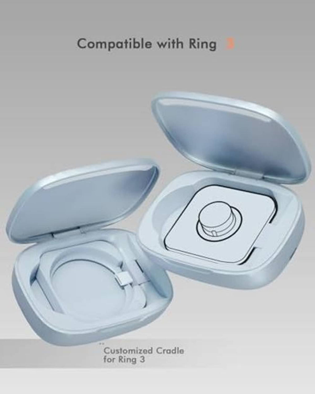 Blue charging case with open lid, showing multiple charging cradles and center dock