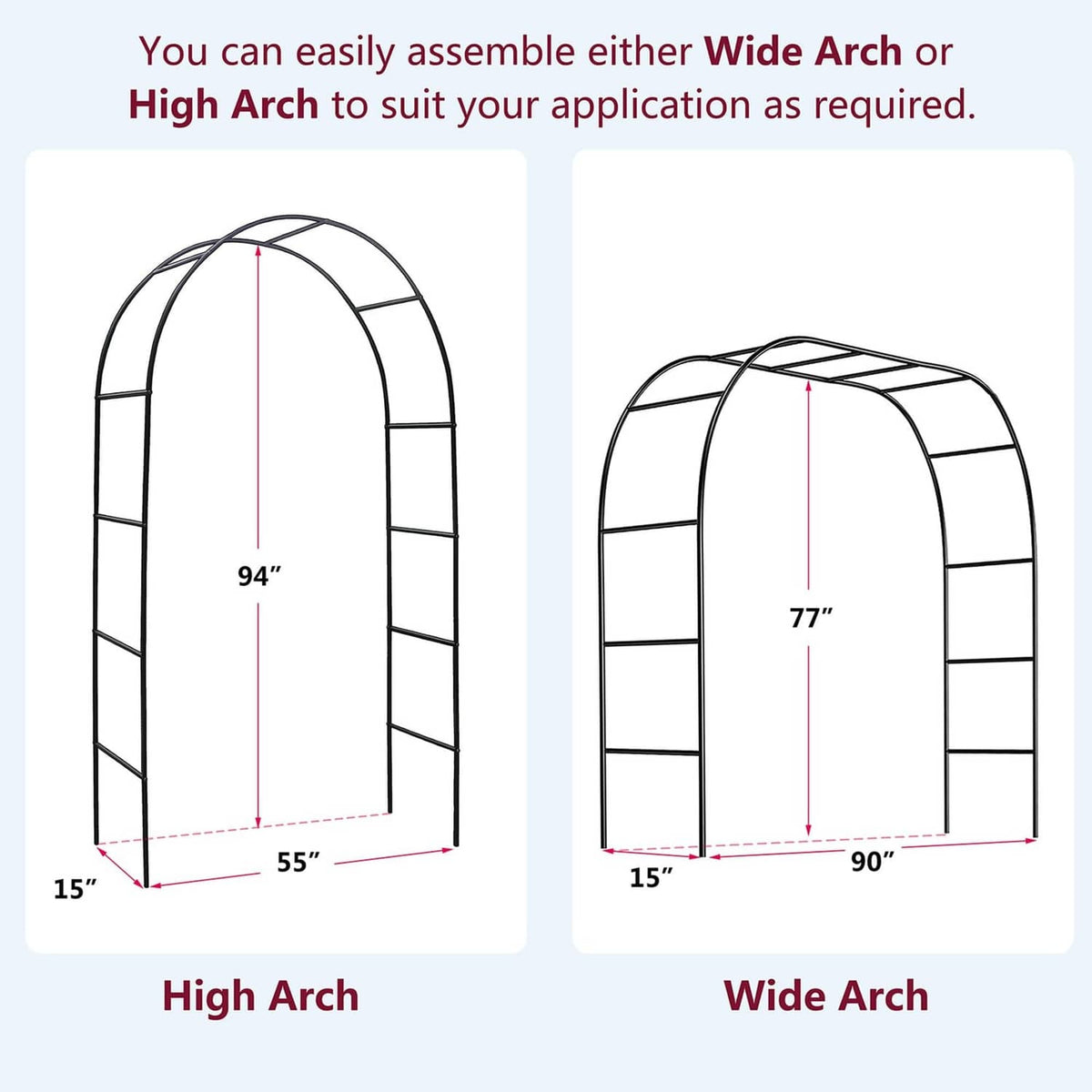 Garden arch trellis size diagram showing High Arch and Wide Arch dimensions