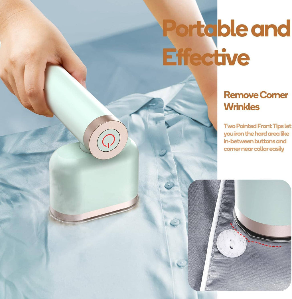 Mint portable steam iron/garment steamer applied to a light-blue shirt