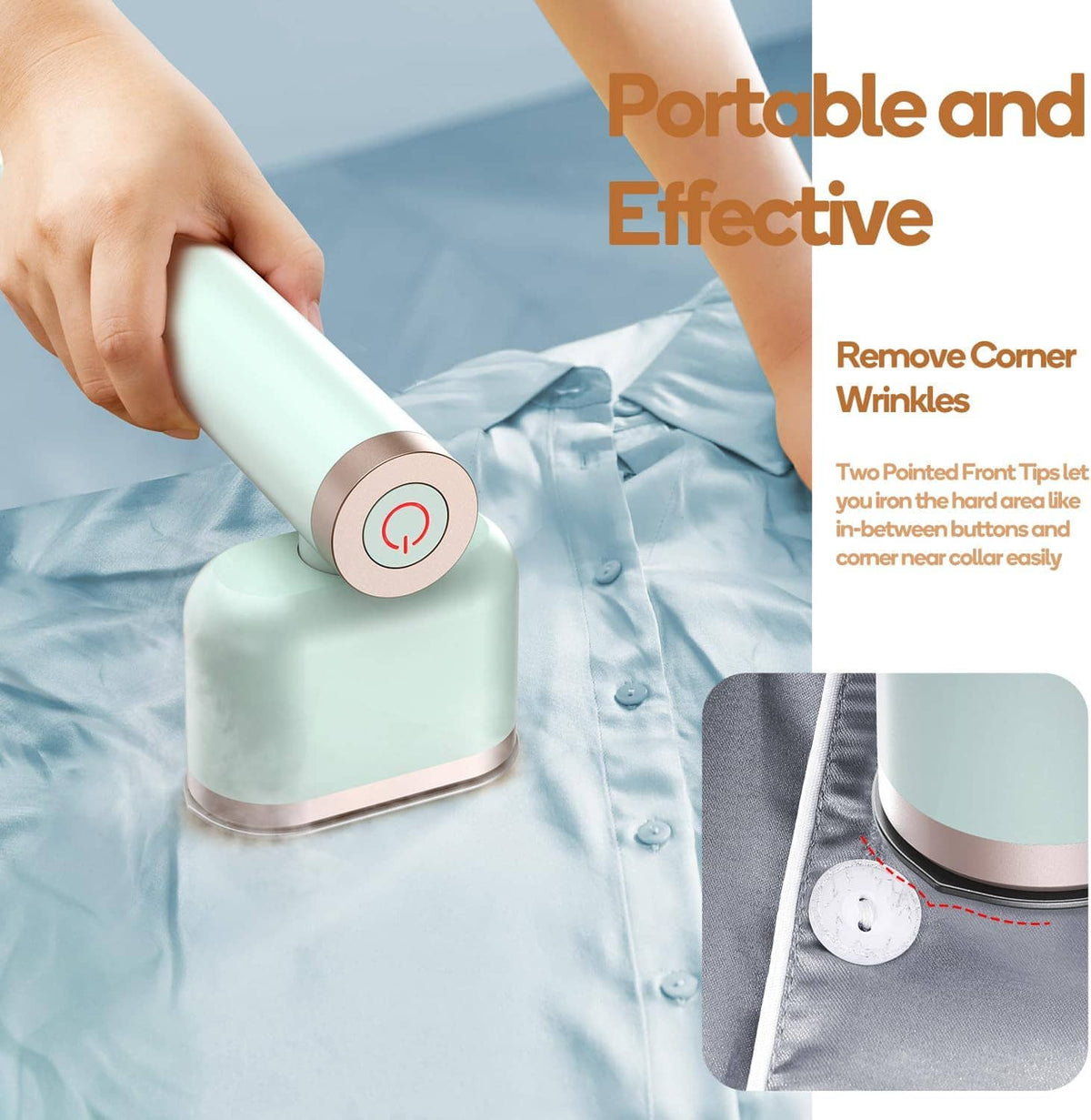 Mint portable steam iron/garment steamer applied to a light-blue shirt
