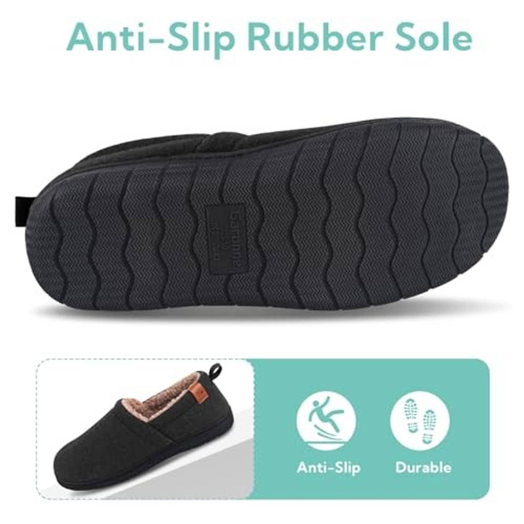Black anti-slip rubber sole of memory foam slippers with deep tread pattern