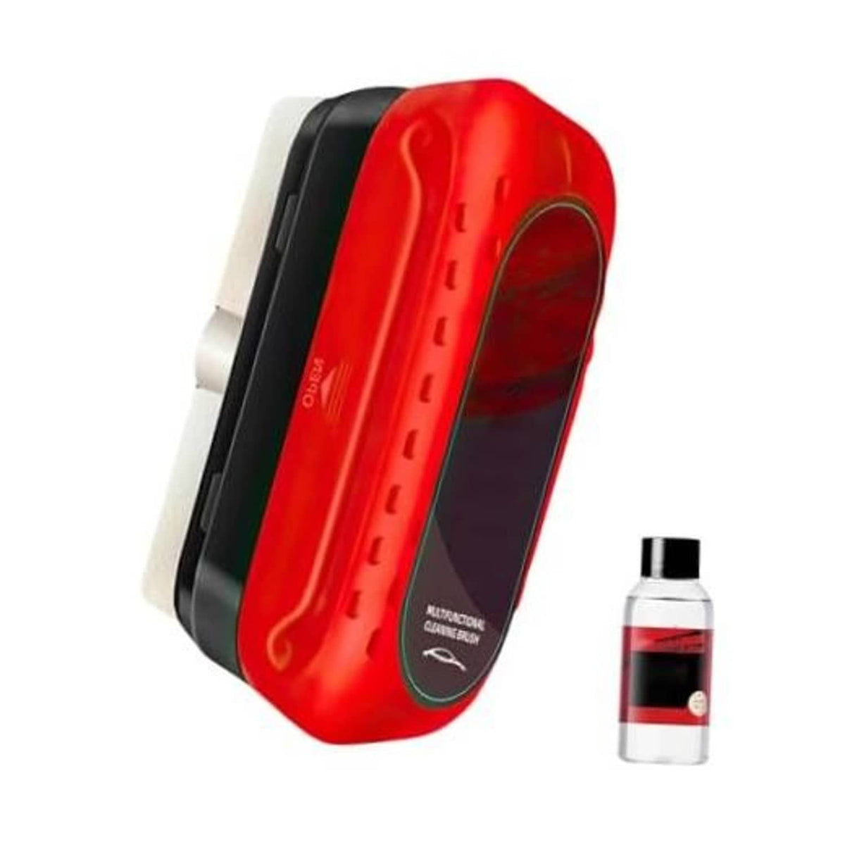 Red and black automotive glass cleaning brush with refill bottle, compact handheld tool.