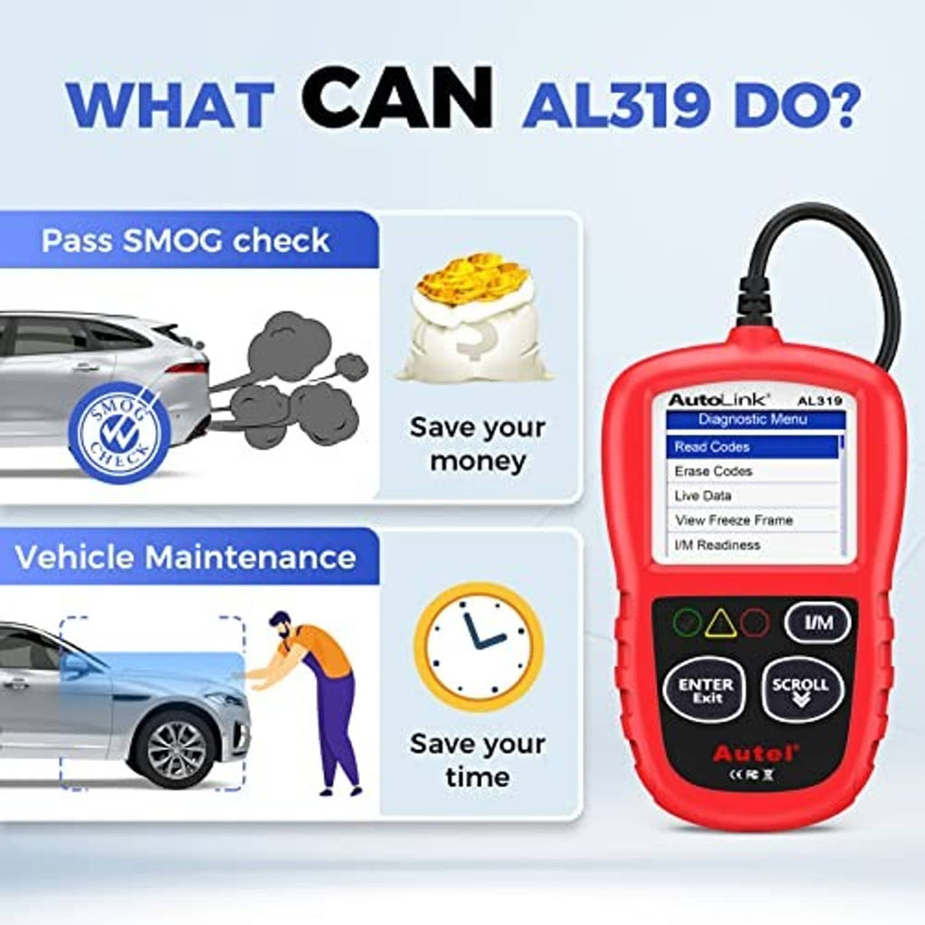 Red handheld OBD2 scanner with LCD screen and function buttons, shown on vehicle info graphic