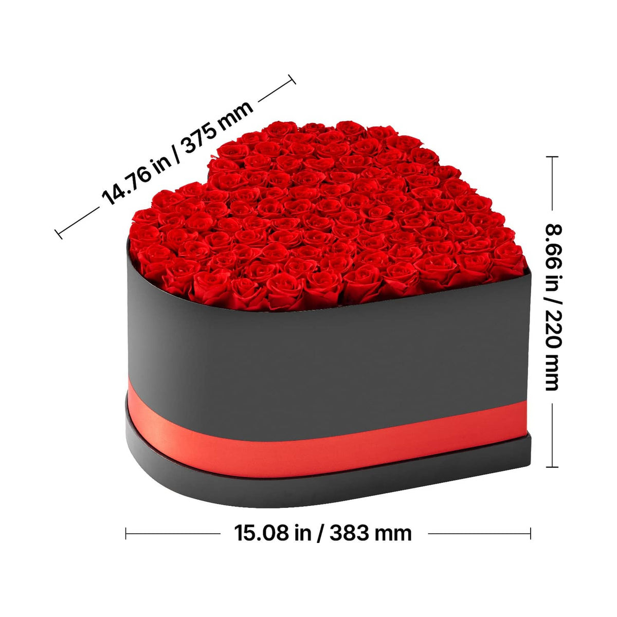 Heart-shaped black rose box with red blooms and orange ribbon band, top view with dimensions