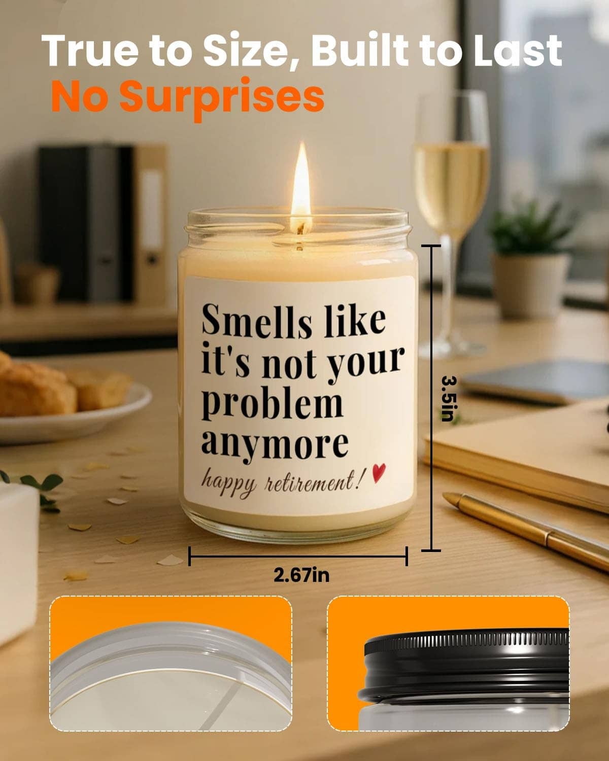 Creamy white soy wax candle with black lid and lit flame, size marks shown on image.