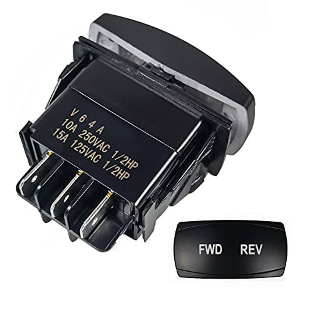 Forward/reverse switch with black housing and FWD/REV rocker label, plus connector base