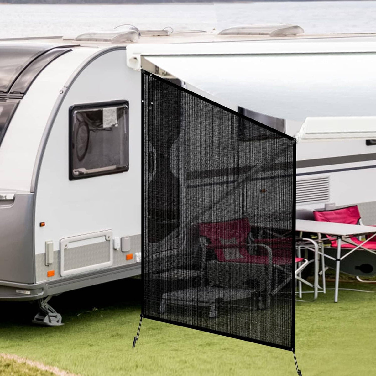 RV awning side shade screen with black mesh panel and elastic edge support ties