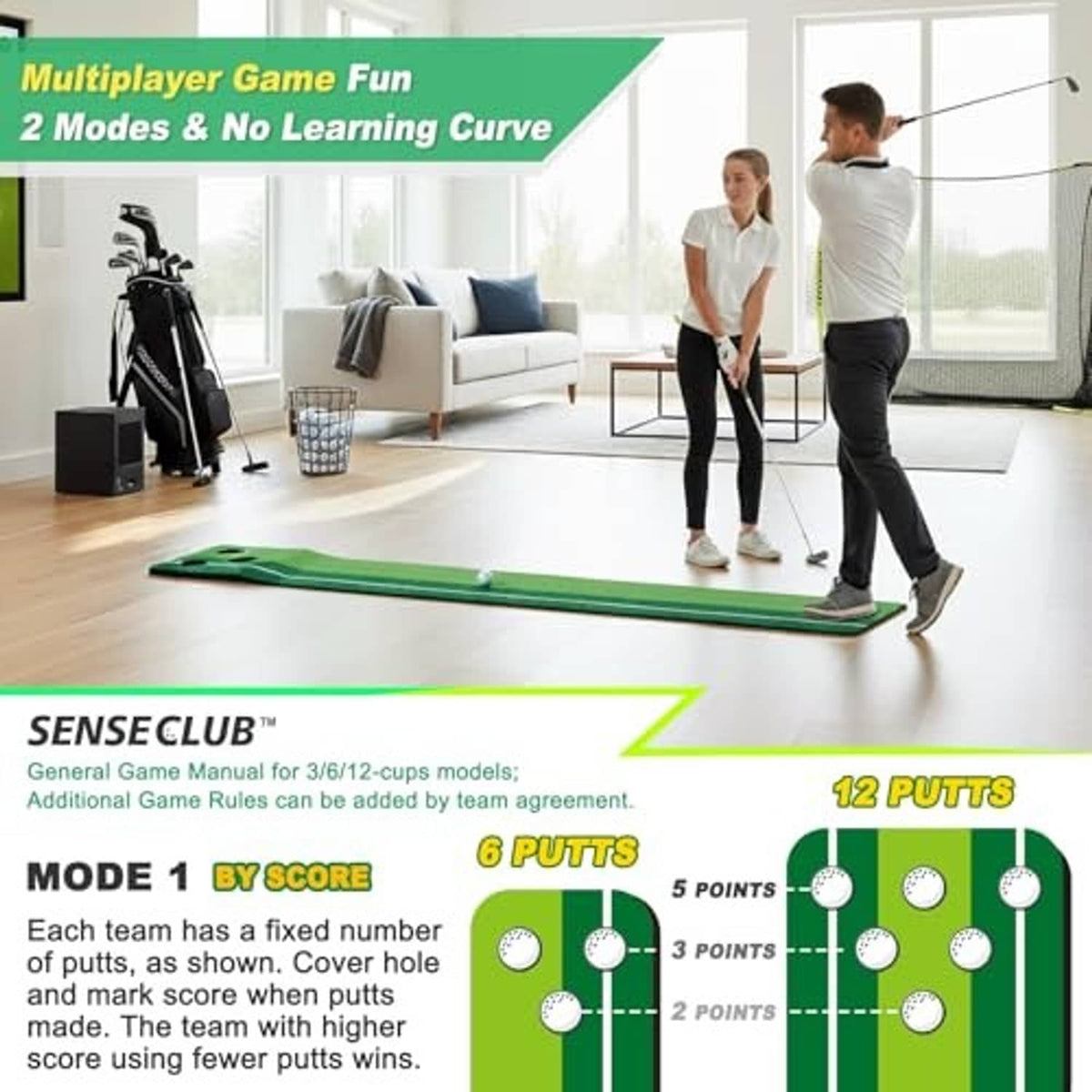 Indoor putting green mat laid on floor with ball targets for multiplayer play