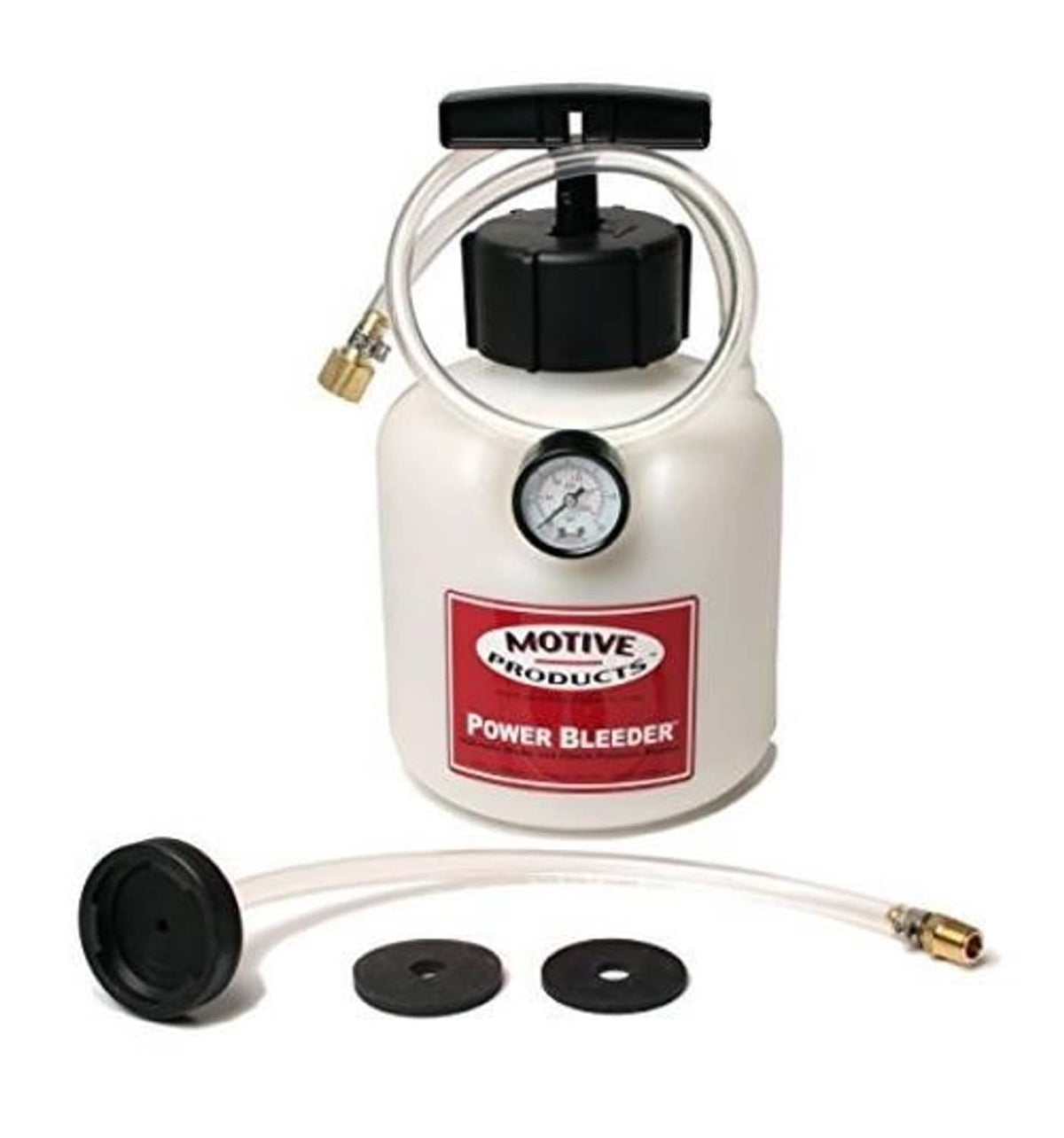 Brake power bleeder pump kit with pressure gauge, twin hoses, and mounting plates