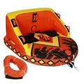 Orange and yellow inflatable tow tube with black palm-pattern seat and included tow rope