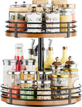 2-tier rotating spice rack organizer with clear jars, metal wire shelves, and oak-style base