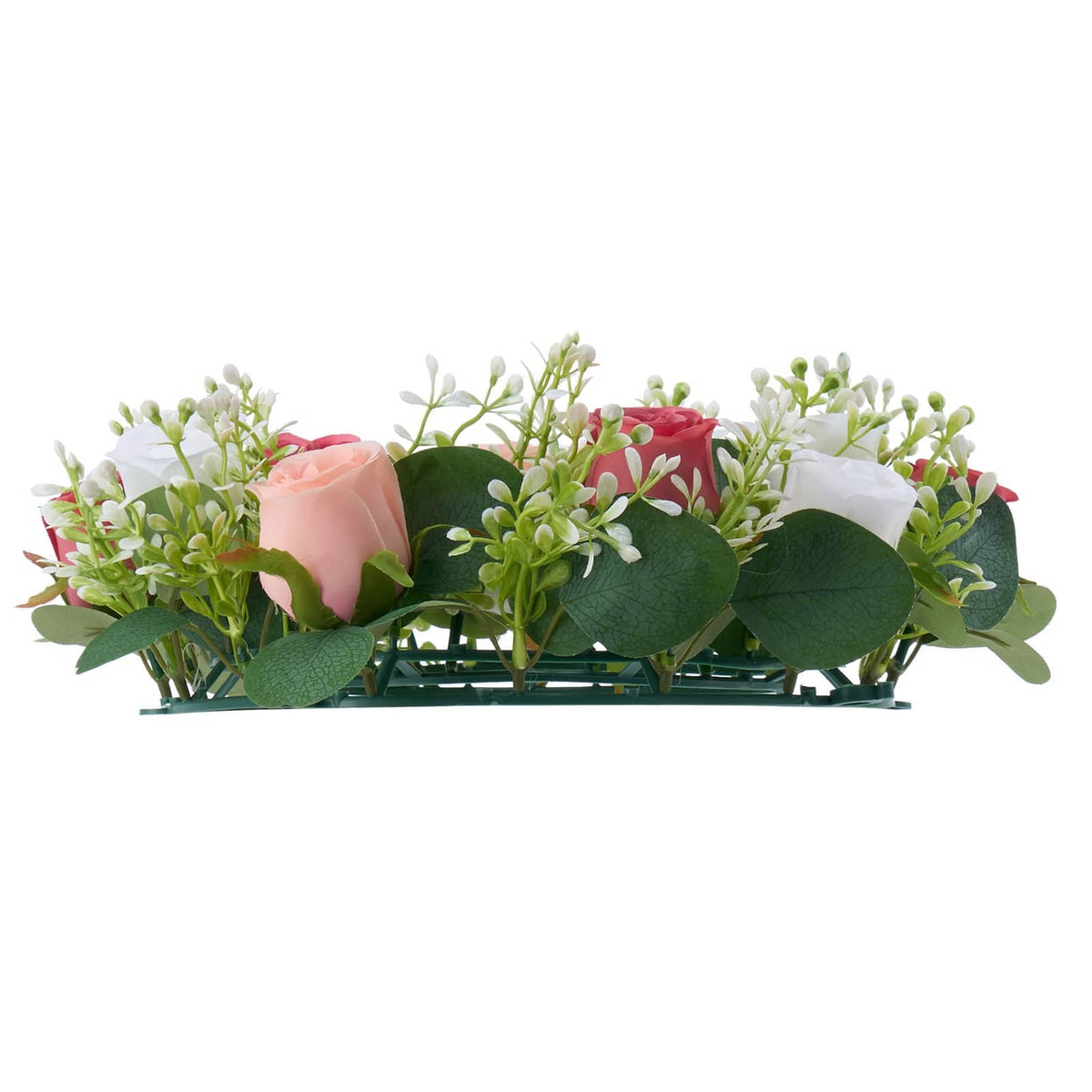 Artificial rose flower wreath set on green base, pink and white blooms with green leaves