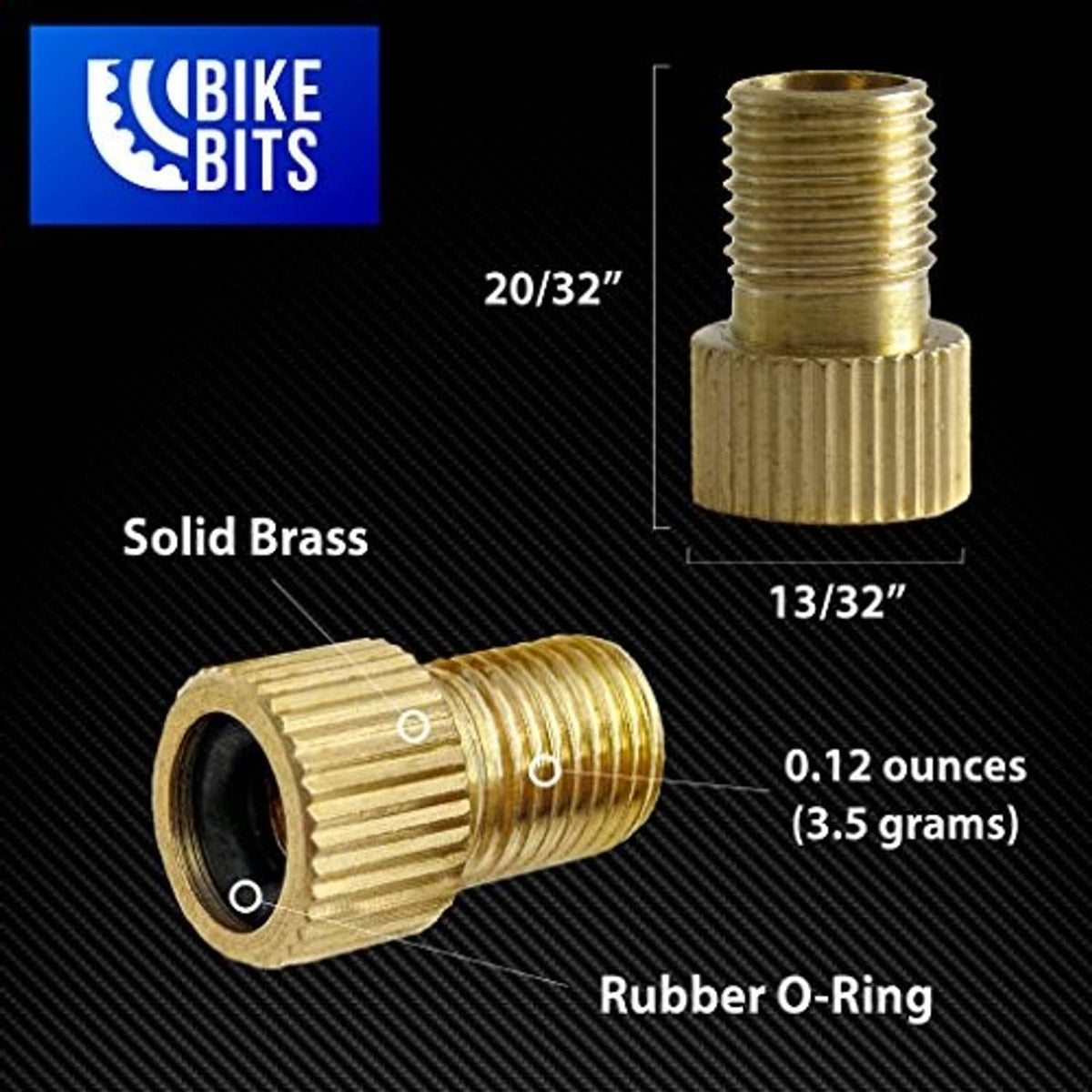 Solid brass Presta-to-Schrader valve adapter with rubber O-ring seal