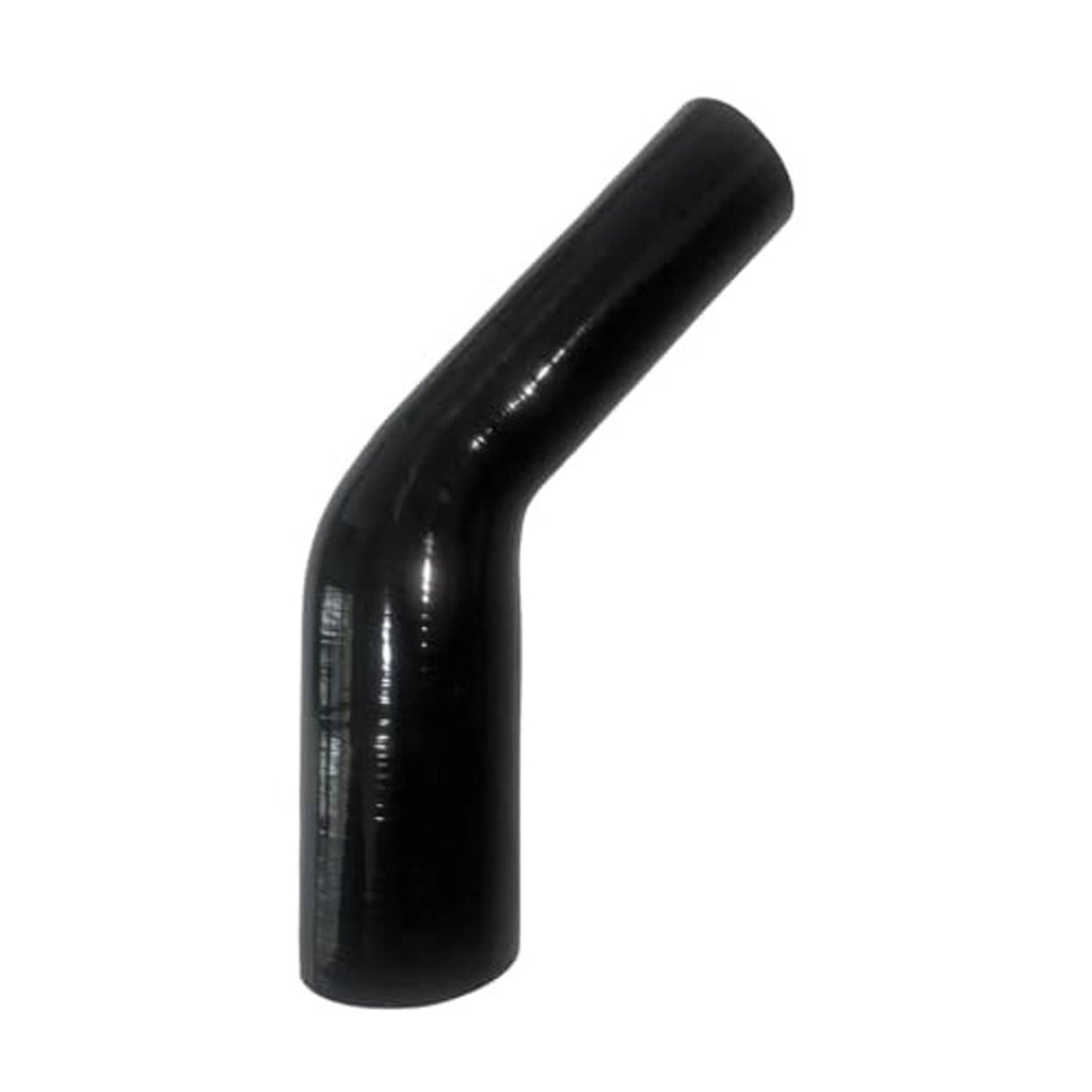 Black 45-degree silicone hose elbow coupler, angled pipe shape for hose routing.