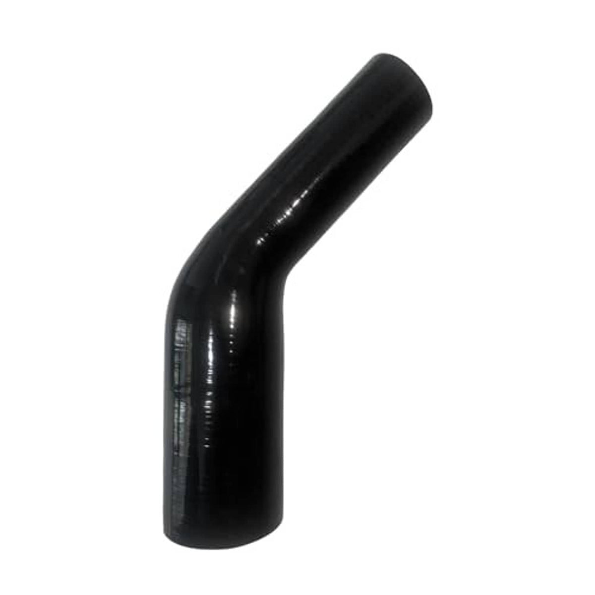 Black 45-degree silicone hose elbow coupler, angled pipe shape for hose routing.