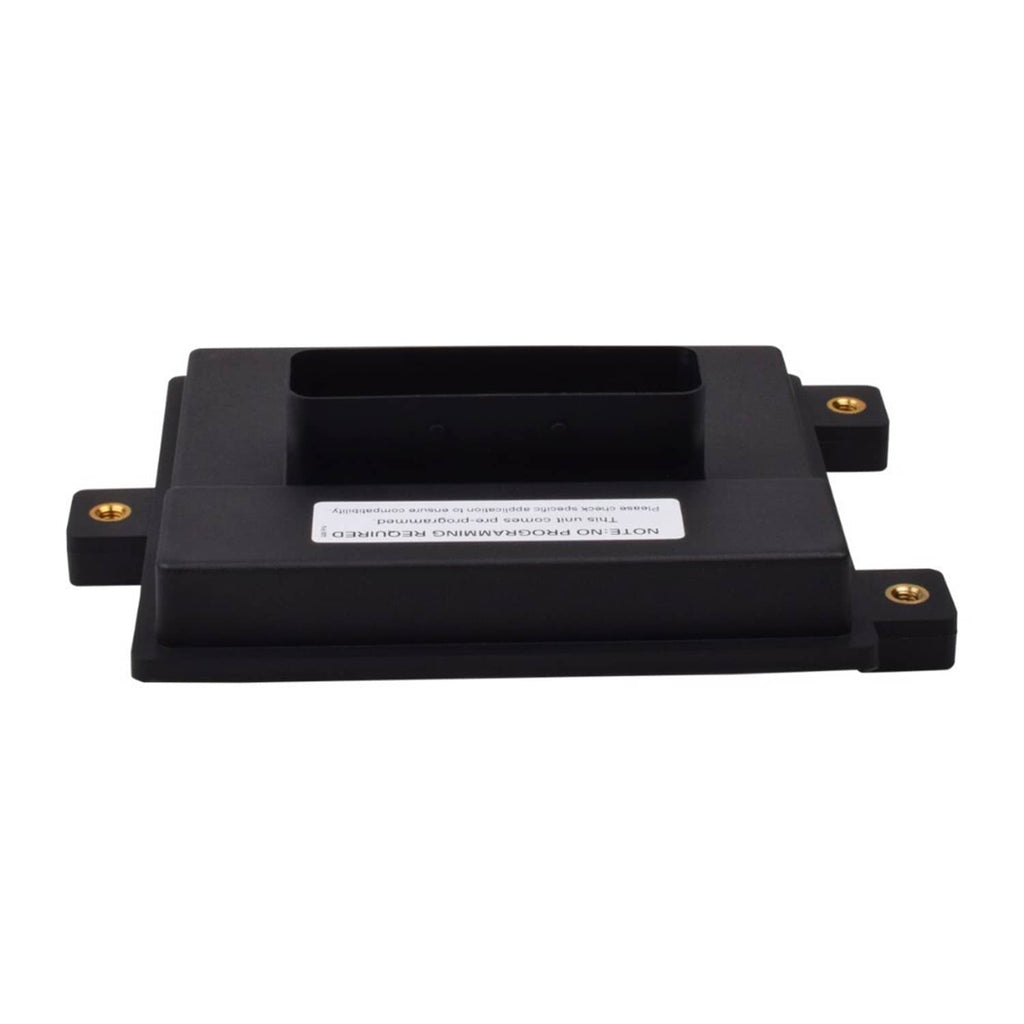 Black fuel pump control module side view with recessed top cover and mounting ears